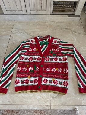 Men's Festive Red & White Holiday Cardigan Sweater
